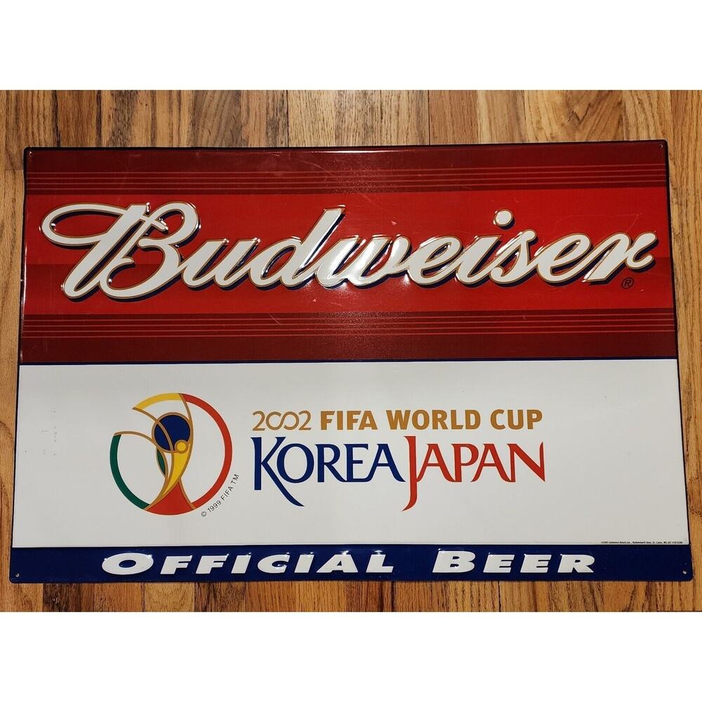 2002 FIFA World Cup BUDWEISER Beer Sign Metal Tin Man Cave New NOS 30x21 Soccer